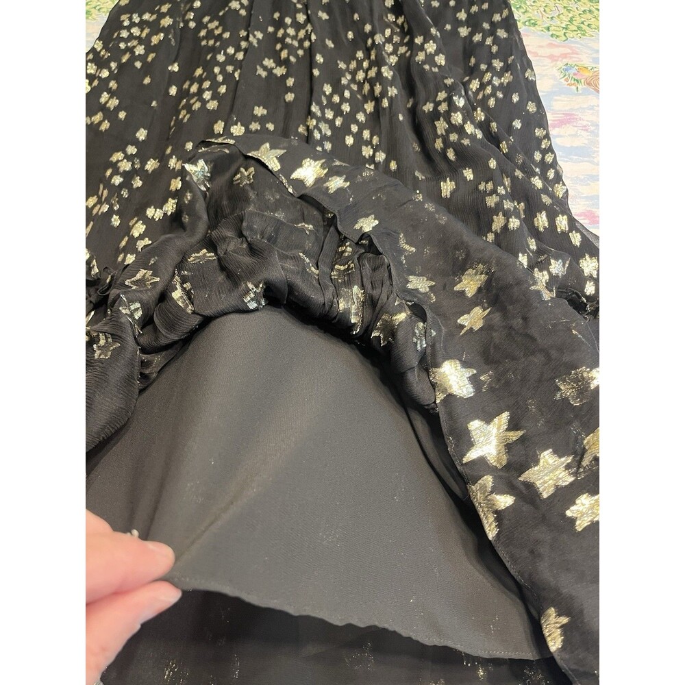 LoveShackFancy Black Silk Gold Metallic Star Maxi Off Shoulder Chiffon Dress 2 - Picture 16 of 16